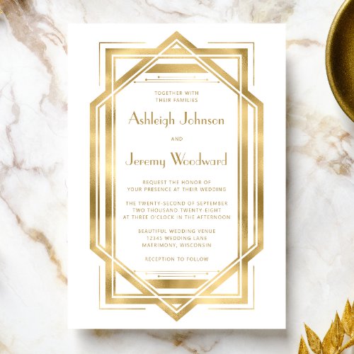 Elegant Gold White 1920s Deco Frame Wedding Invitation