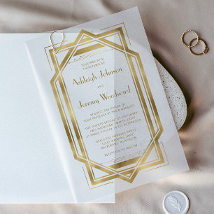 Elegant Gold White 1920s Deco Frame Wedding Vellum Invitations