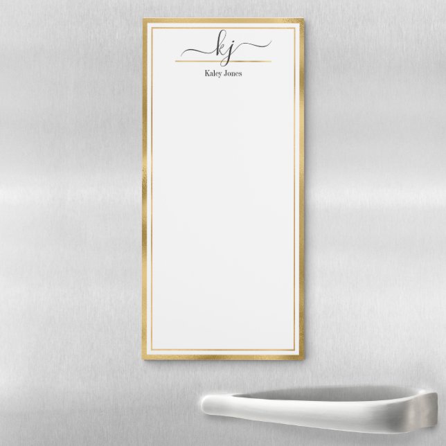 Elegant Gold White 2 Monogram Script Name Magnetic Notepad (In Situ)