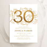 Elegant Gold White 30th Birthday Invitation<br><div class="desc">Elegant gold white 30th birthday party invitation. Customizable modern feminine design featuring roses botanical accents and faux glitter gold. Simple floral invite card perfect for a stylish female bday celebration. Personalize with your own details. Printed Zazzle invitations or instant download digital printable template.</div>