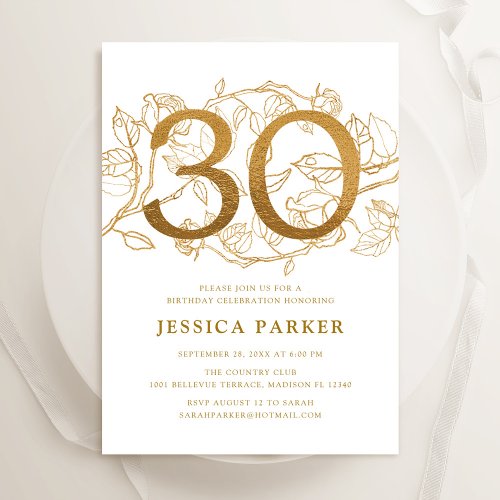 Elegant Gold White 30th Birthday Invitation