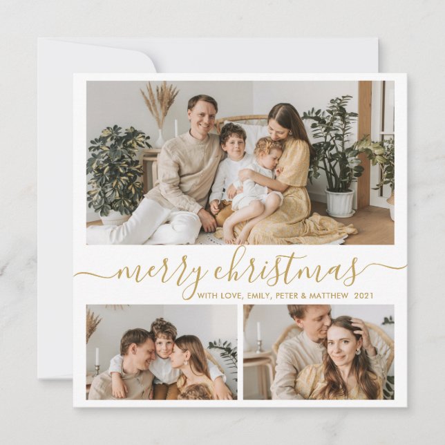 Elegant Gold White 3 Photo Collage Christmas Holid Holiday Card (Front)