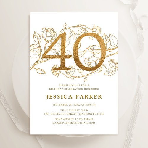 Elegant Gold White 40th Birthday Invitation