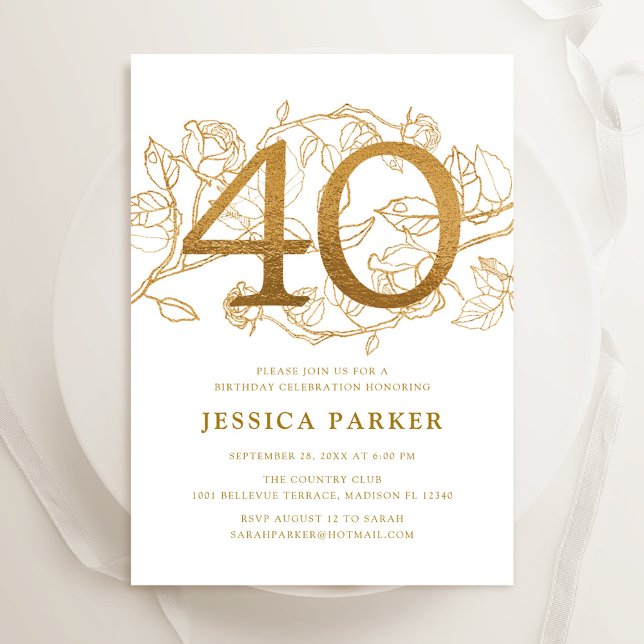 Elegant Gold White 40th Birthday Invitation (Creator Uploaded)