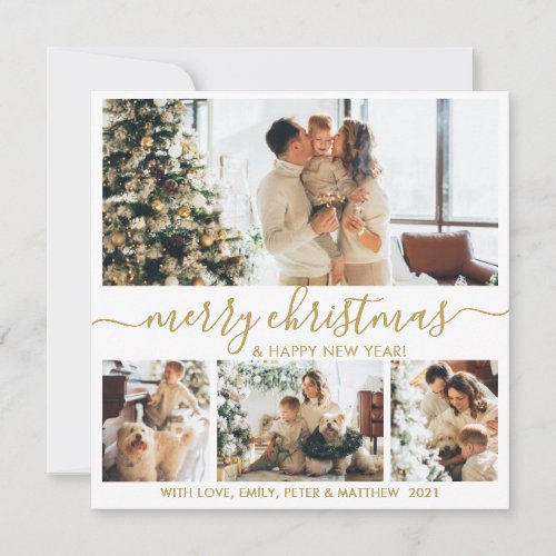Elegant Gold White 4 Photo Collage Christmas Holid Holiday Card