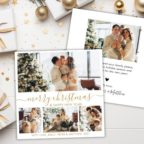 Elegant Gold White 4 Photo Collage Christmas Holid Holiday Card