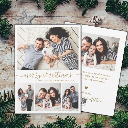 Elegant Gold White 4 Photo Collage Christmas Holid Holiday Card