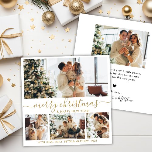 Elegant Gold White 4 Photo Collage Christmas Holid Holiday Card