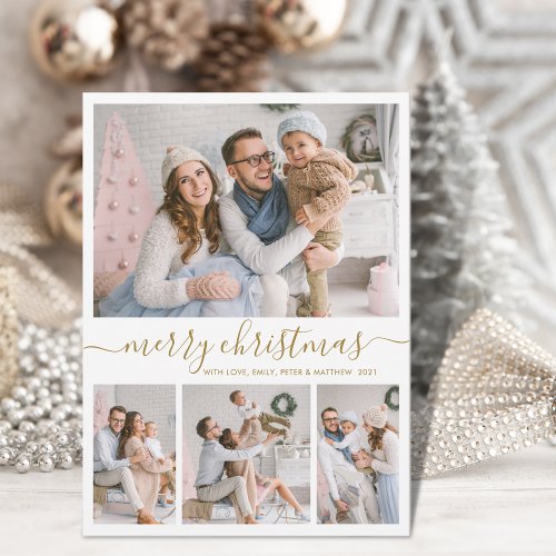Elegant Gold White 4 Photo Collage Christmas  Holiday Card