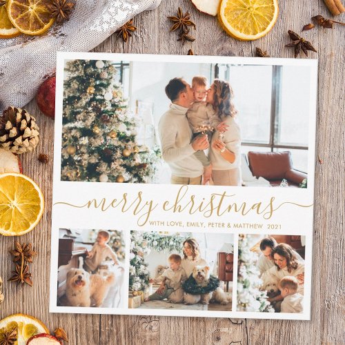 Elegant Gold White 4 Photo Collage Christmas Holiday Card