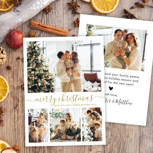 Elegant Gold White 4 Photo Collage Christmas  Holiday Card