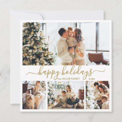 Elegant Gold White 4 Photo Collage Happy Holiday Card