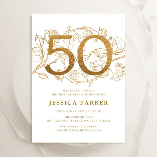 Elegant Gold White 50th Birthday Invitation
