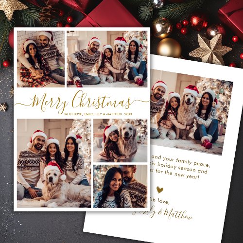 Elegant Gold White 5 Photo Collage Christmas  Holiday Card