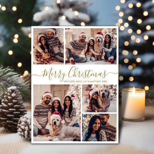 Elegant Gold White 5 Photo Collage Christmas  Holiday Card
