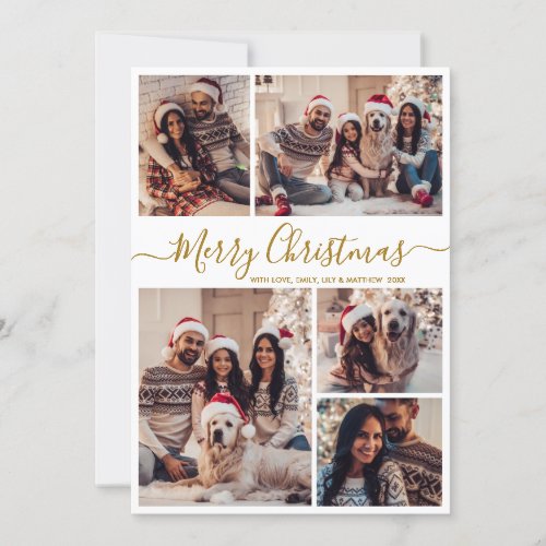 Elegant Gold White 5 Photo Collage Christmas  Holiday Card