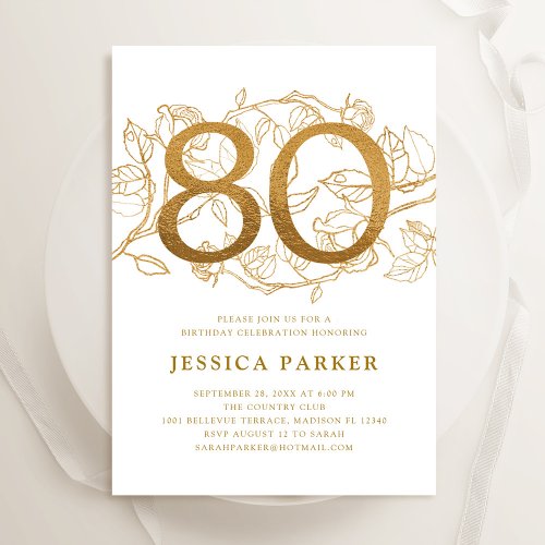 Elegant Gold White 80th Birthday Invitation