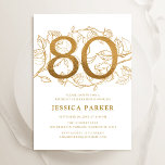 Elegant Gold White 80th Birthday Invitation<br><div class="desc">Elegant gold white 80th birthday party invitation. Customizable modern feminine design featuring roses botanical accents and faux glitter gold. Simple floral invite card perfect for a stylish female bday celebration. Personalize with your own details. Printed Zazzle invitations or instant download digital printable template.</div>