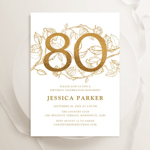 Elegant Gold White 80th Birthday Invitation