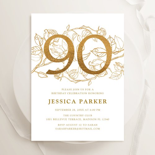 Elegant Gold White 90th Birthday Invitation