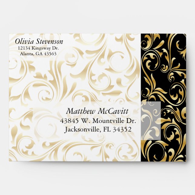 Elegant Gold, White and Black Damask Envelope (Front)