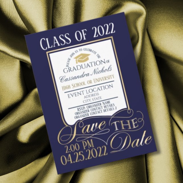 Elegant, Gold, White and Blue Graduation design Invitation (Elegant blue graduation invitation
)