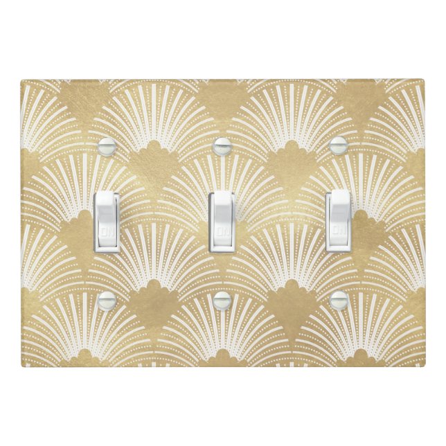 Elegant Gold & White Art-deco Pattern Light Switch Cover (In Situ)