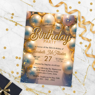 Elegant Gold & White Balloons 50th Birthday Party Invitation