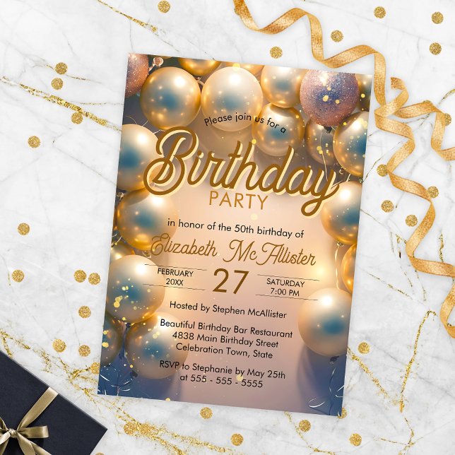 Elegant Gold & White Balloons 50th Birthday Party Invitation (Creator Uploaded)