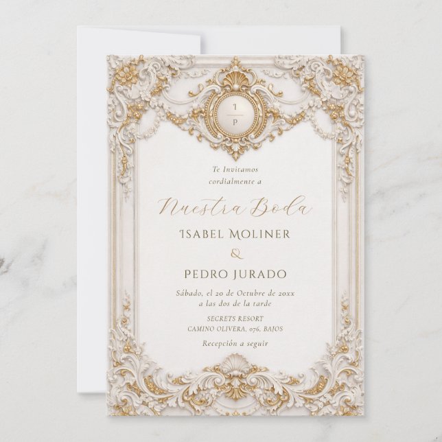 Elegant Gold & White Baroque Nuestra Boda Wedding Invitation (Front)