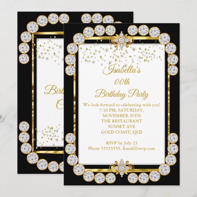Elegant Gold White Black Diamond Birthday Party Invitation (Front/Back)