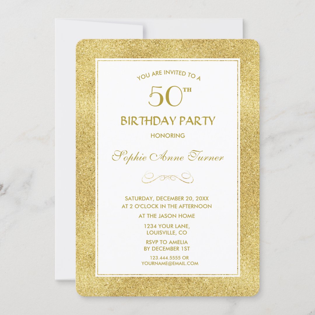 Elegant Gold & White Border 50th Birthday Party Invitation | Zazzle