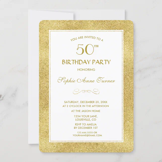 Elegant Gold & White Border 50th Birthday Party Invitation | Zazzle