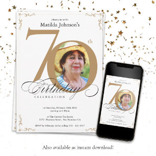 Elegant Gold White Calligraphy Photo 70th Birthday Invitation