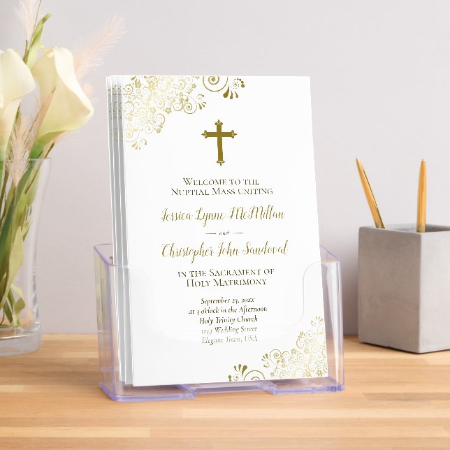 Elegant Gold & White Catholic Wedding Program Brochure (Insitu)
