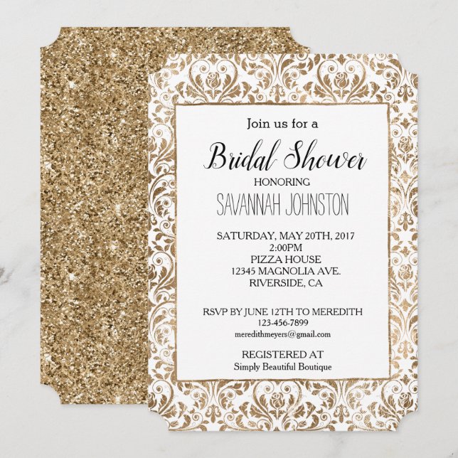 Elegant Gold White Chic Damask Bridal Shower Invitation (Front/Back)