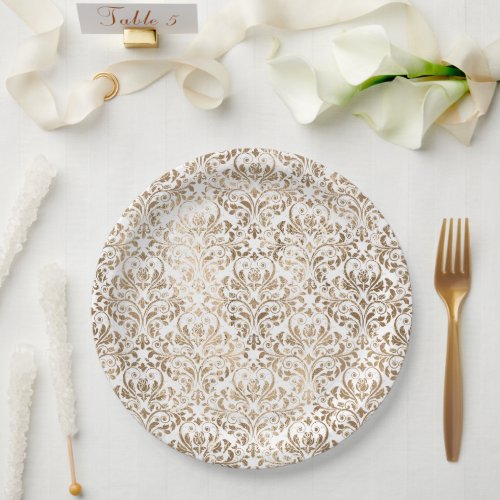 Elegant Gold White Chic Damask Paper Plates