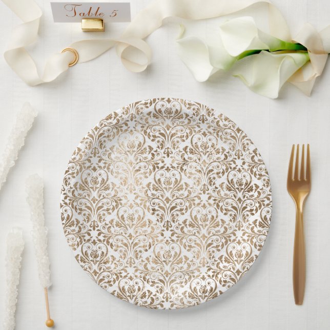 Elegant Gold White Chic Damask Paper Plates (Wedding)