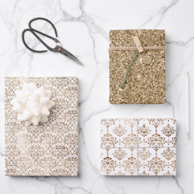Elegant Gold White Chic Damask Wrapping Paper Sheets (Front)