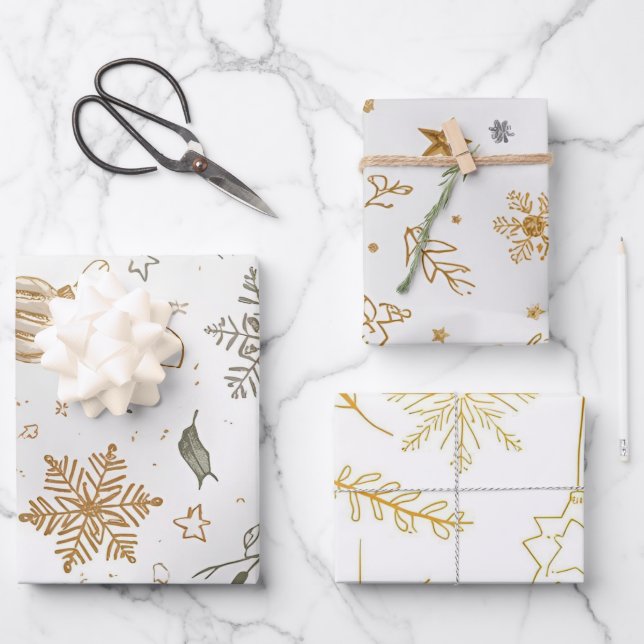 Elegant Gold & White Christmas 19"x29" Wrapping Paper Sheets (Front)