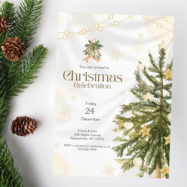 Elegant Gold & White Christmas Tree Holiday Party Invitation (Creator Uploaded)