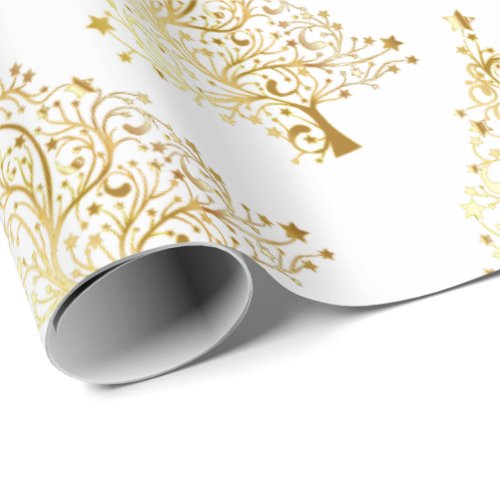 Elegant Gold  White Christmas Tree Pattern Wrapping Paper