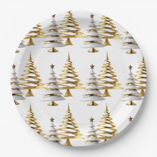 Elegant Gold & White Christmas winter snow tree Paper Plates