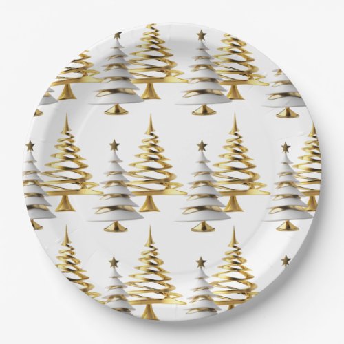 Elegant Gold &amp; White Christmas winter snow tree Paper Plates