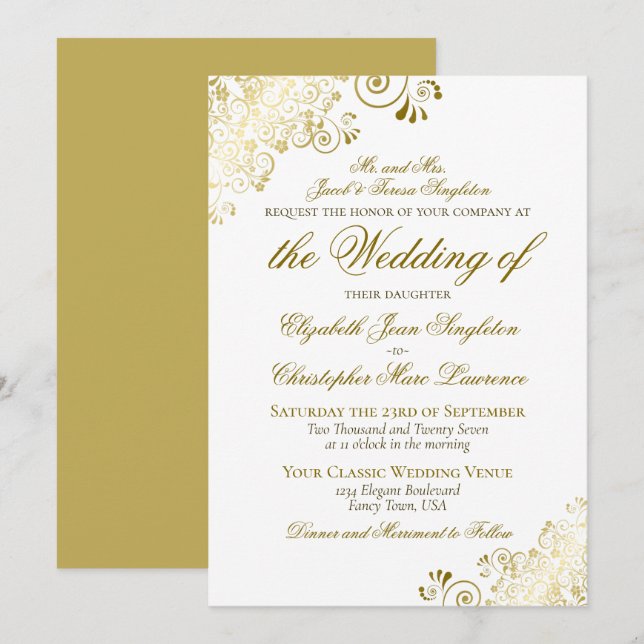 Elegant Gold & White Classic Style Formal Wedding Invitation (Front/Back)