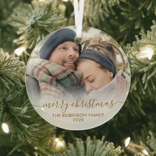 Elegant Gold White Couple Photo Merry Christmas   Glass Ornament