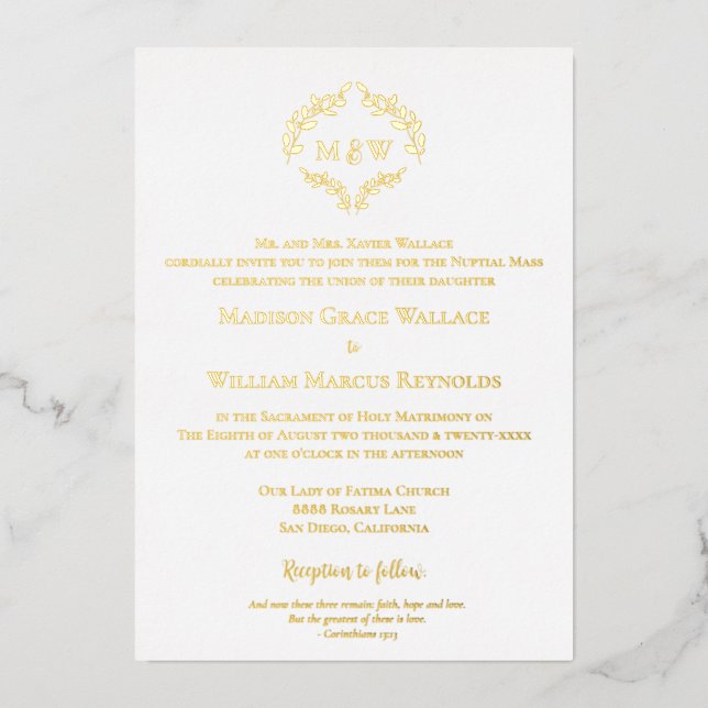 Elegant gold & white Crest Modern Catholic Wedding Foil Invitation (Front)
