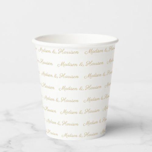 Elegant gold white Custom script couple names chic Paper Cups