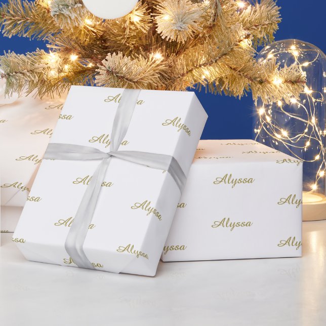 Elegant gold white custom script name Birthday Wrapping Paper (Holidays)