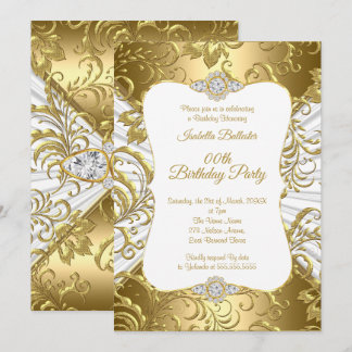 Elegant Gold White Damask floral Birthday Party Invitation